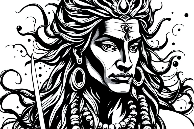Create a high-contrast black and white illustration of Lord Shiva with intricate line work and flowing ink patterns, using a Canon EOS R5 with a 50mm f/1.2 lens, aperture f/8, ISO 100, and a shallow depth of field for a crisp focus on the details.