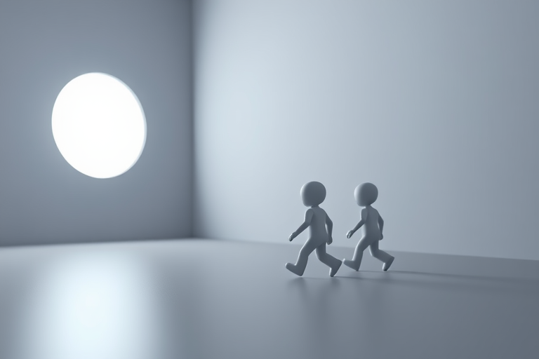 Create a 3D rendered scene of small humanoid figures walking towards a bright light emerging from a keyhole in a gray wall, with a 50mm lens, f/8 aperture, ISO 100, using a DSLR camera with soft lighting and a shallow depth of field for enhanced focus on the figures.