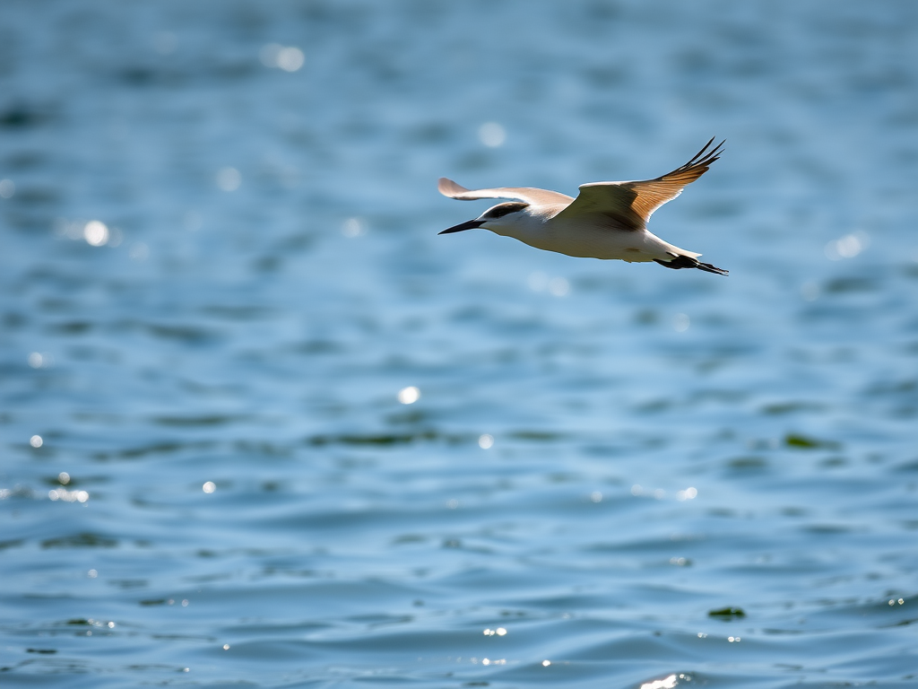 A bird in flight over a shimmering water surface, captured with a Canon EOS 5D Mark IV, 200mm lens, aperture f/5.6, shutter speed 1/1000 sec, ISO 400, shot in natural light with a shallow depth of field for a soft background blur.