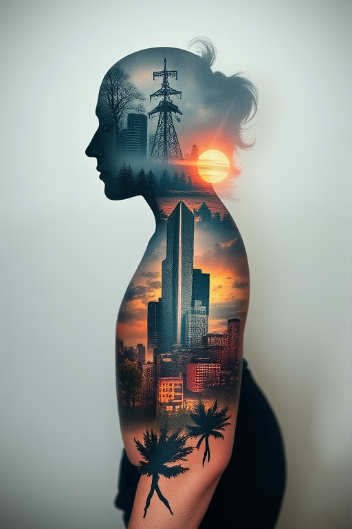 Surreal double exposure tattoo blending natural and urban landscapes within a human silhouette, seamless transition between contrasting elements, dreamy and thought-provoking visual narrative