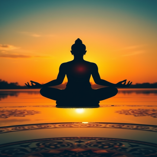Regenerate a meditative silhouette against a vibrant sunset background with intricate patterns and a reflective water surface, captured at sunset with a DSLR camera, ISO 100, aperture f/8, shutter speed 1/60 sec, wide-angle lens, and in HDR style for enhanced detail and color contrast.