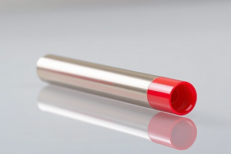 Generate an image of a slim, cylindrical object with red end caps on a transparent background, shot in high resolution with a DSLR camera, using a 50mm lens, aperture at f/2.8, ISO 100, and natural lighting for clarity and detail.
