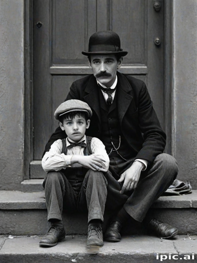 A black-and-white photograph of a man and a child sitting on steps in front of a doorway. The man is dressed as a tramp with a bowler hat, mustache, and ragged clothes, reminiscent of Charlie Chaplin's iconic look. He is sitting with his arms crossed and an expression of slight sadness or frustration. Next to him is a young boy, also in worn clothes and a cap, sitting with his hands clasped, looking thoughtful. The background is an old, textured wall and a partially open door, creating a vintage, early 20th-century atmosphere.