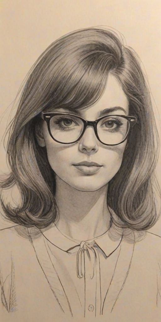 Sublime Dixie D'Amelio, pencil sketch, portrait of Delightful woman 1965s in glasses, hair style beatnik, outline, clear lines, fine lines, 8k