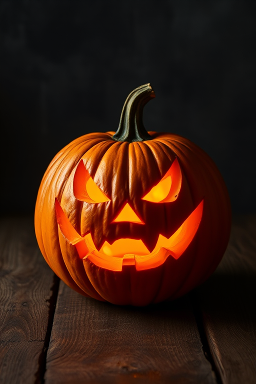A carved pumpkin with a wicked grin illuminated from within, placed on an old wooden table with a dark textured background, shot with a 50mm lens at f/1.8, ISO 200, 1/60s exposure, using a DSLR camera in a low-light setting for rich detail and contrast.