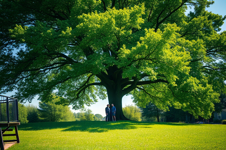 Capture a serene scene of two figures standing under a large, lush green tree on a bright sunny day, using a DSLR camera with a 50mm lens, f/2.8 aperture, ISO 200, and a slight bokeh effect, shot from a low angle to emphasize the tree's grandeur and the vibrancy of the green grass.