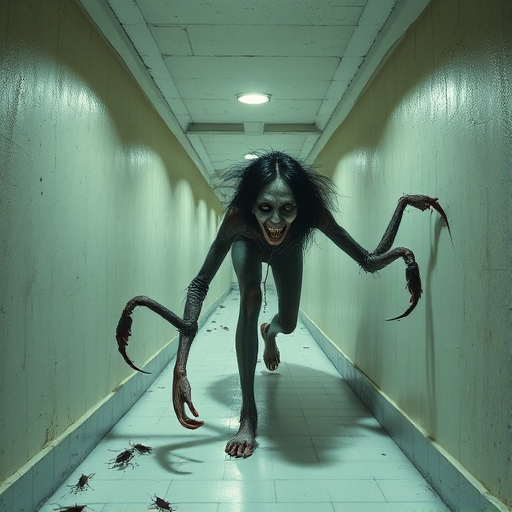 a crooked female with long arms and a creepy smile is crawling along a long white corridor and you can also see cockroaches in it there is a creepy atmosphere creepy art style