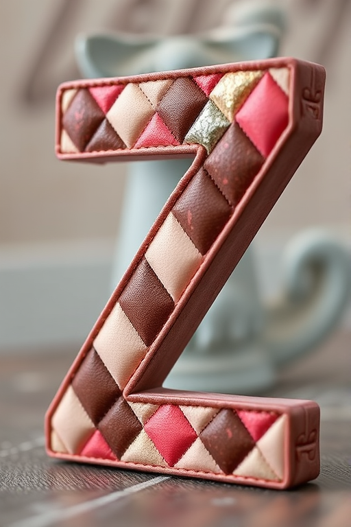 Create an image of a large, prominent letter Z designed with a quilt-like pattern of diamonds in shades of pink, brown, and gray, using a high-resolution DSLR camera, focal length of 50mm, aperture set at f/2.8, and a shallow depth of field to enhance clarity and vibrancy against a soft focus background.