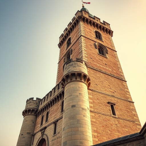 highly detailed medieval tower, captured in bright daylight, 24mm lens, f/8 aperture, ISO 100, HDR photography, 4K resolution, wide angle view, DSLR camera