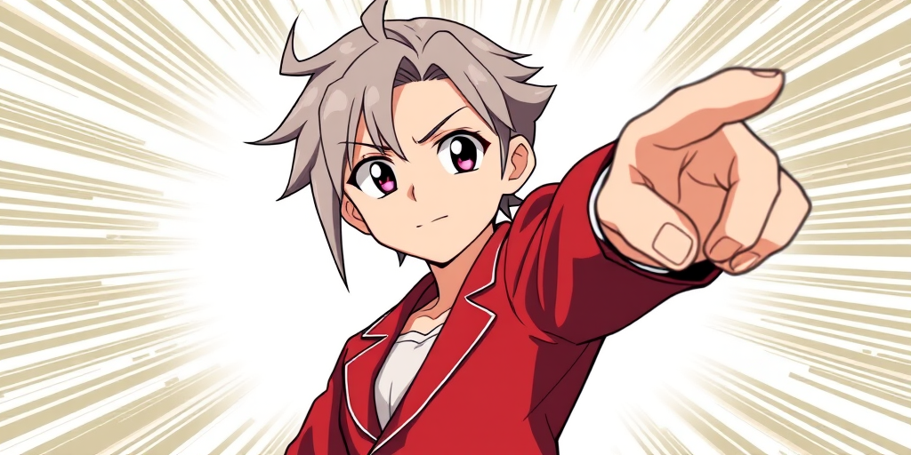 Generate an anime-style character with a confident expression, wearing a red blazer, pointing forward, against a burst effect background, using a Canon EOS R5 camera, 50mm lens, f/1.8 aperture, ISO 100, 1/200 sec shutter speed, in a portrait orientation.