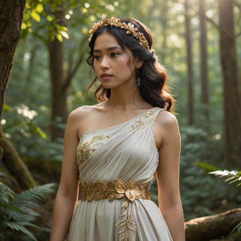 Create a portrait of a goddess-like Indonesian girl figure in a tranquil, forested environment. She has an elegant appearance with long, wavy hair styled in an updo and adorned with a delicate, floral headband. She wears a flowing, ancient Greek-inspired gown in a soft, pale color, featuring a one-shoulder design and draped fabric that accentuates her graceful form. The outfit includes a decorative belt with ornate gold detailing, and she holds a bow in her hand, with a quiver of arrows slung over her shoulder. The background depicts lush greenery, with sunlight filtering through the trees, casting a gentle, ethereal light on the scene. Her expression is calm and contemplative, embodying a sense of wisdom and serenity.