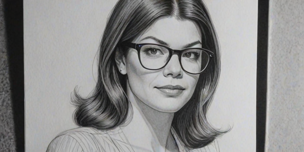 Wonderful Gail Simmons, pencil sketch, portrait of Stunning woman 1976s in glasses, hair style beatnik, outline, clear lines, fine lines, 8k