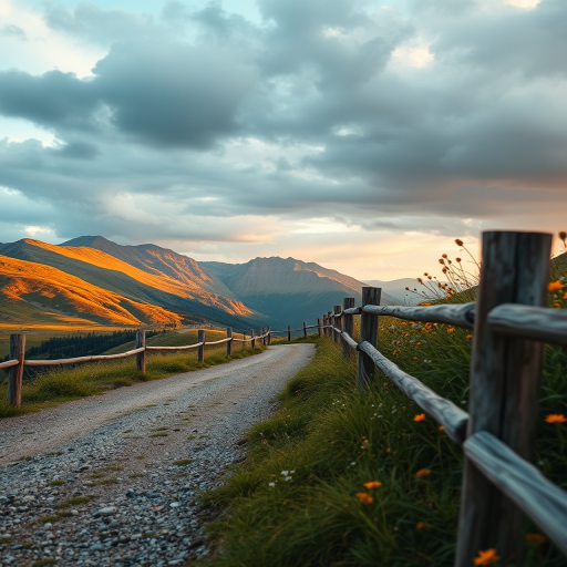 Capture a scenic mountain landscape with a gravel path lined by wooden fences, lush green grass and wildflowers on the side, under a cloudy sky, using a DSLR camera, 24mm lens, aperture f/8, ISO 200, shot in landscape orientation during golden hour for enhanced lighting and detail.