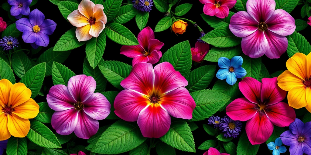 Generate a vibrant floral pattern featuring colorful flowers like purple, yellow, pink, and blue against a dark background with lush green leaves, using a Canon EOS R5 camera with a 24-70mm f/2.8 lens at f/8, ISO 100, and a resolution of 6000x4000 pixels in macro style.