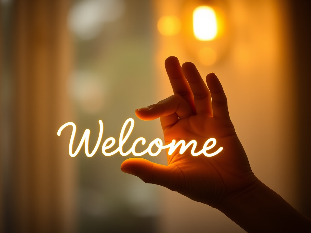 Hand holding a glowing "Welcome" sign with a soft golden light in the background, shot with a Canon EOS R5, 50mm lens, aperture f/1.8, ISO 100, using a shallow depth of field for focus on the hand and text.