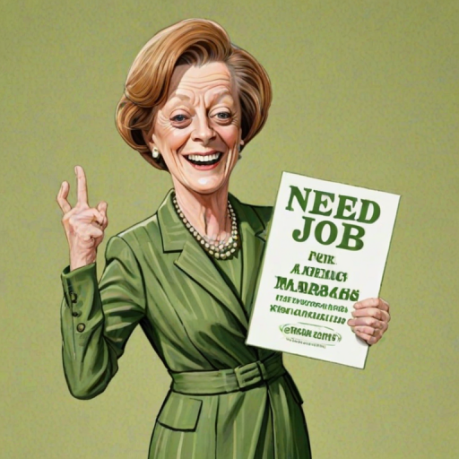 caricature of a smiling Maggie Smith in a Asparagus dress or suit, holding up a sign that says "NEED A JOB", no watermark,
