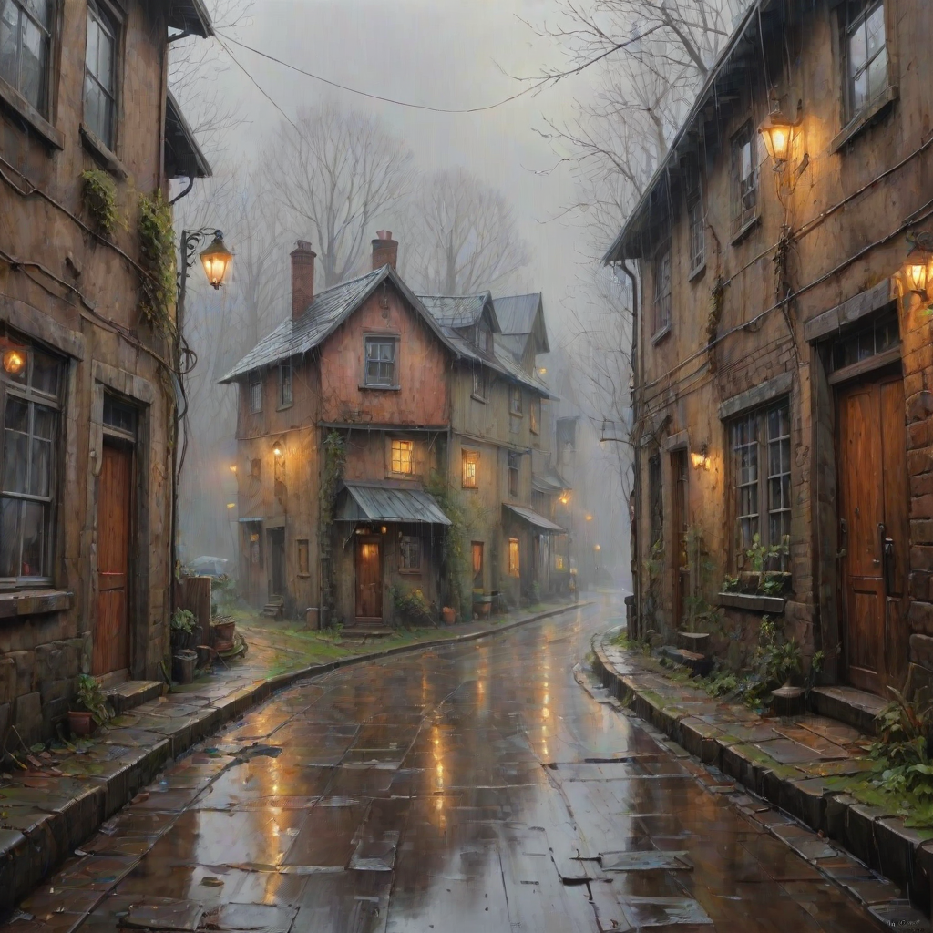 rainy day house painting, fine art painting, fantasy art, 4K, 3D, HDRi, detailed oil painting, high definition art, expressive rustic oil painting, foggy alley, soft focus