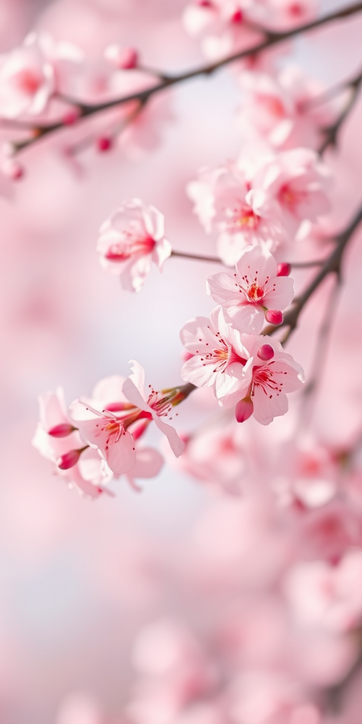 a soft-focus image of delicate pink cherry blossoms against a light, dreamy background