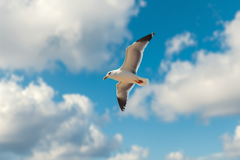Capture a seagull in mid-flight against a vibrant blue sky with fluffy white clouds, using a Canon EOS R5, 85mm lens, aperture f/4, shutter speed 1/2000s, ISO 100, with a slightly low angle and a shallow depth of field for a blurred background effect.