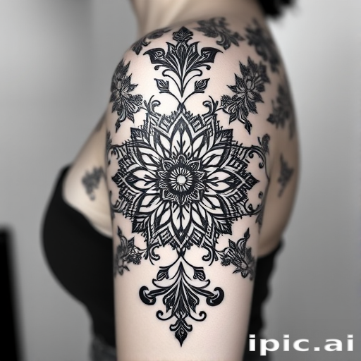 Ornamental blackwork tattoo named "Lace Elegance" showcasing intricate patterns and motifs inspired by delicate lace designs creating a feminine and sophisticated look with bold black ink