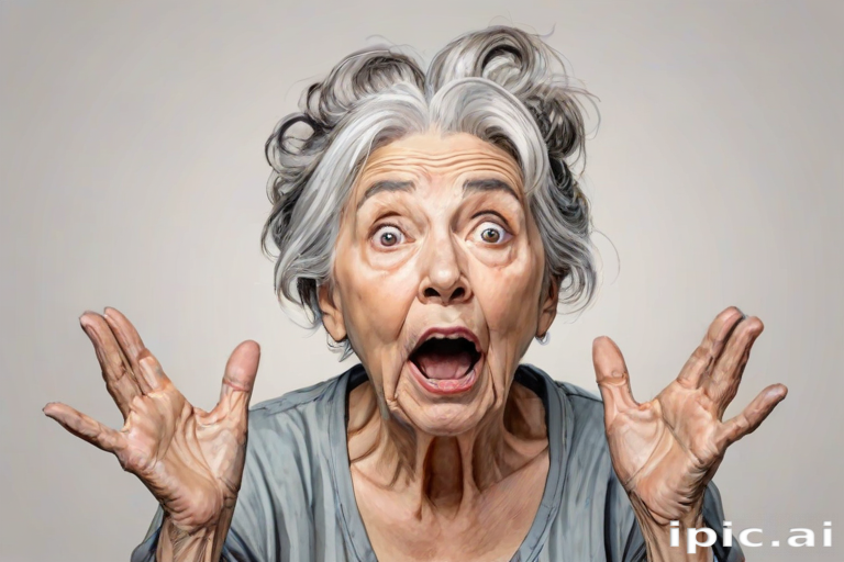 scribbly unfinished sketch, old lady with messy gray hair in a loose bun, surprised expression, mouth open, hands clasped together in front of her chest. Her eyes are wide, eyebrows are furrowed. vibe of shock or surprise.