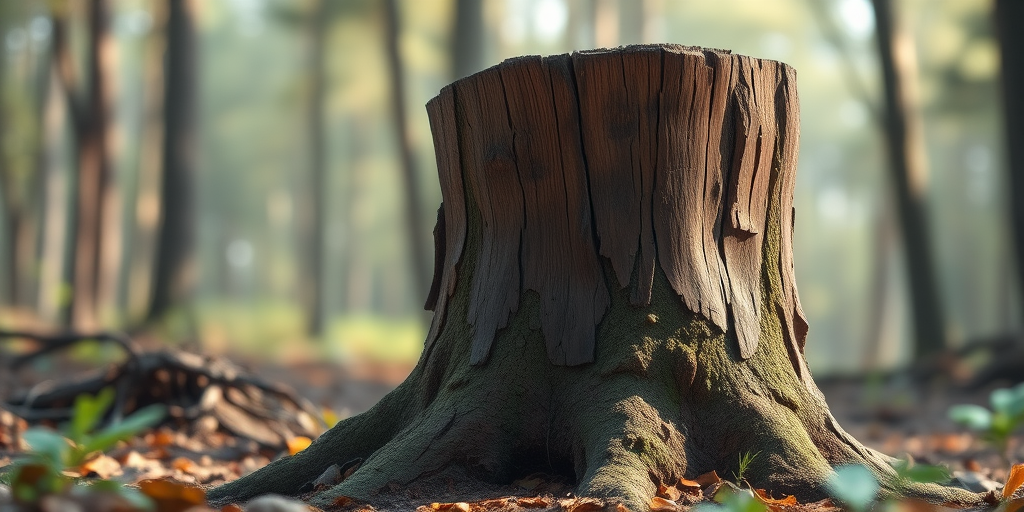 Create a highly detailed illustration of a tree stump in a natural setting with soft diffused lighting, using a DSLR camera, 50mm lens, f/2.8 aperture, ISO 100, and a low angle view for enhanced depth and texture.