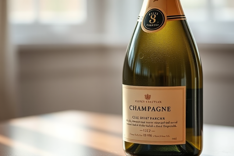 Create a high-resolution image of a champagne bottle with a clear label in a soft-focus background, captured with a DSLR camera at f/2.8 aperture, ISO 100, 50mm lens, using natural light from the side.