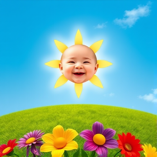 Create an image shows a bright, sun with a smiling baby's face in the center, radiating soft yellow rays. The sun is set against a clear blue sky with a few wispy clouds. Below, there's a lush green grassy hill with colorful, oversized flowers, giving the scene a whimsical, playful atmosphere.