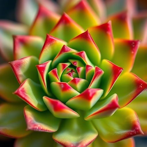 Create a close-up shot of a succulent plant with vibrant green leaves and reddish edges, using a macro lens with an aperture of f/2.8, ISO 100, and a shutter speed of 1/200 sec, in natural light, capturing sharp details and a blurred background for depth.