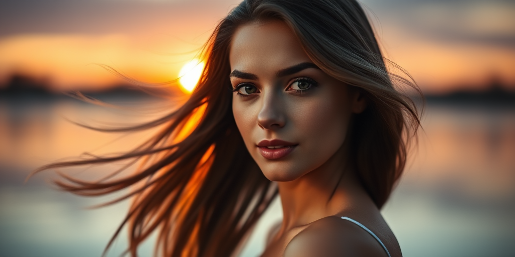 Generate a portrait of a woman with flowing hair standing by a sunlit lake at sunset, soft bokeh in the background, shallow depth of field, 50mm lens, f/1.8 aperture, ISO 100, natural light, shot in RAW format.