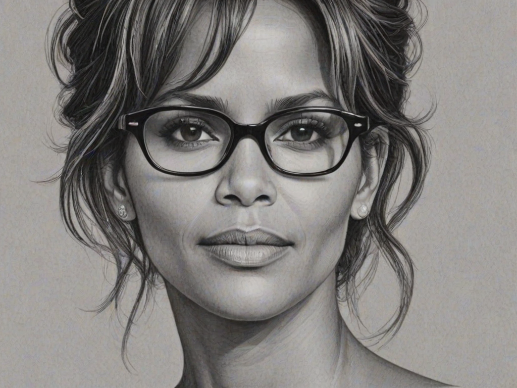 Enchanting Halle Berry, pencil sketch, portrait of Superb woman 1964s in glasses, hair style beatnik, outline, clear lines, fine lines, 8k