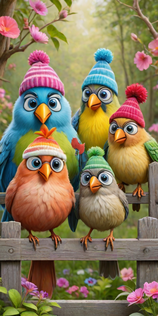 create a scene of 4 quirky  whimsical colourful comical birds each with a funny expression. they are sat on a wooden fence with colourful flowers. they are all different sizes. each one is a different colour  one is wearing a woolly hat. Each one has a different quirky google expression and there is a muted background of trees watercolour paintierly style high definition 8k resolution 3D paper mache