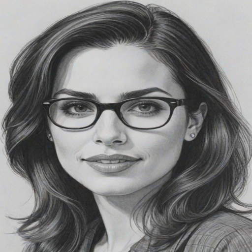 Splendid Carly Pope, pencil sketch, portrait of Magnificent woman 1945s in glasses, hair style beatnik, outline, clear lines, fine lines, 8k