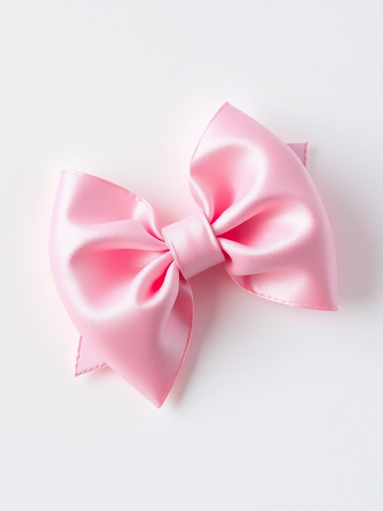 Regenerate an image of a pink bow with a glossy finish, high resolution, captured with a DSLR camera at f/4 aperture, ISO 100, in natural soft lighting, with a close-up view on a white background to enhance detail and texture.