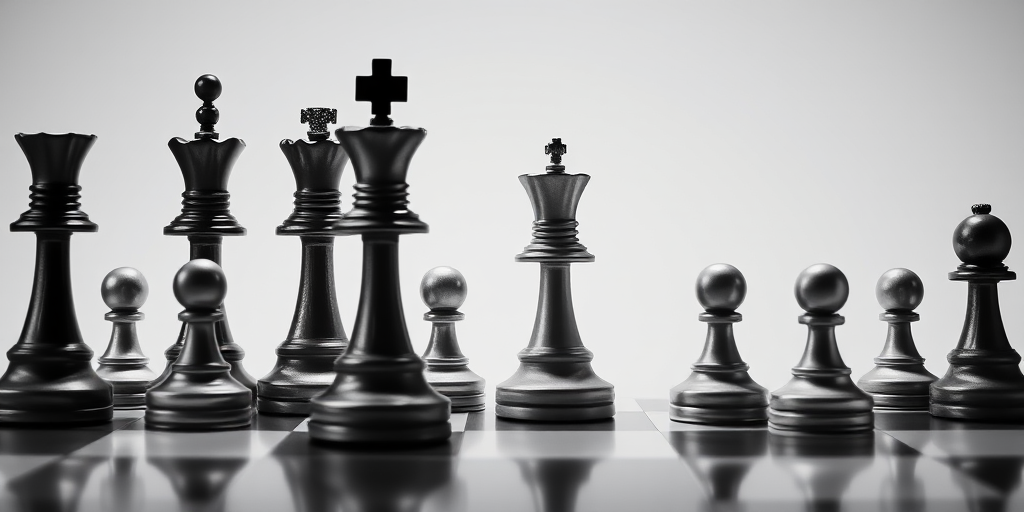 Create a high-resolution chess piece illustration featuring a variety of pieces in black and white on a clean background, using a Canon EOS 5D Mark IV at f/8, ISO 100, 50mm lens, shot from a top-down perspective to enhance detail and clarity.