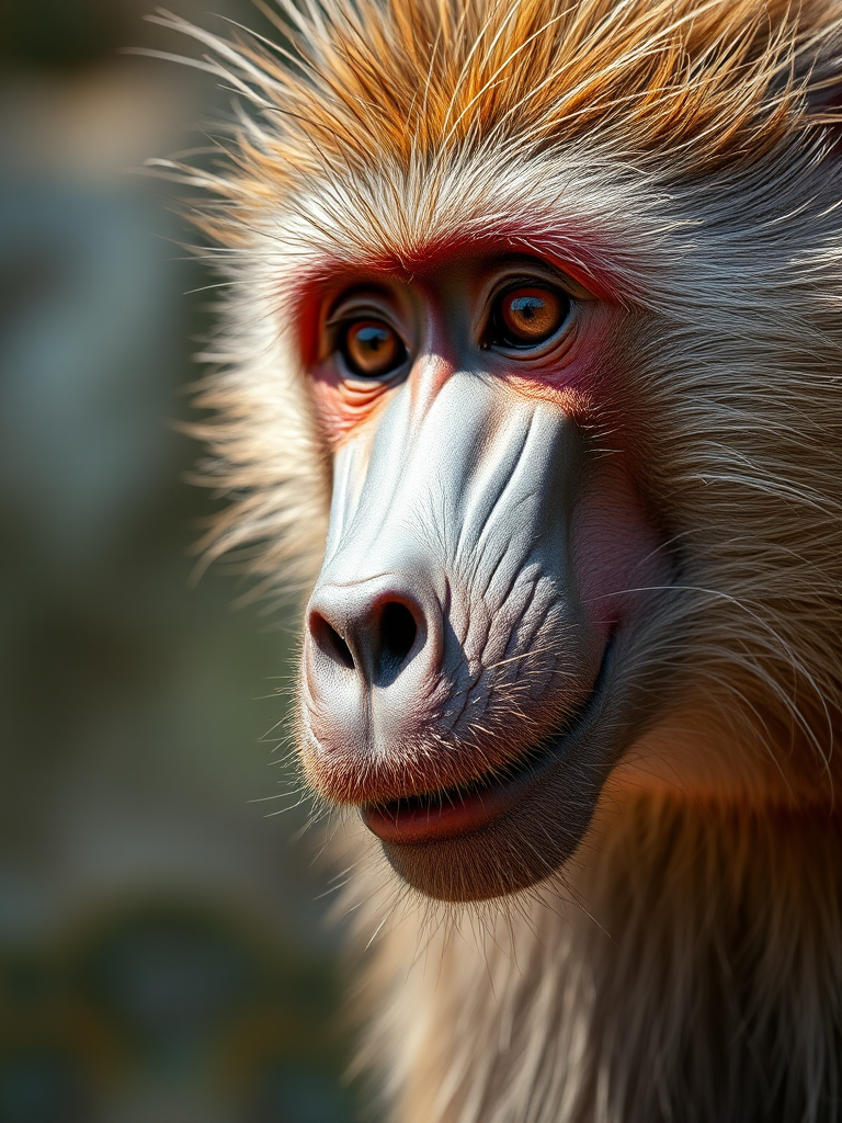 Close-up of a baboon with a detailed focus on facial features, natural lighting, aperture f/2.8, ISO 200, 50mm lens, shallow depth of field, DSLR camera, portrait orientation.