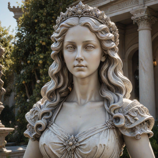 beautiful renaissance princess marble statue decorated with silver ornaments, standing in the sun (marble garden: 1.2), surrounded by topiaries, intricate curly hair, flawless marble skin, (weathered marble texture:1.35), detailed eyes, masterpiece, best quality, intricate details, high detail RAW color photo, very detailed, glorious lighting, cinematic lighting, contrast, bright light, gigapixel, 8k resolution, film, octane rendering, unreal, high definition, 8k uhd, professional lighting, photon mapping, radiosity, physically based rendering, award-winning photography, backlight, Photorealistic, Light particle tracing, vivid color, Obvious layers,Photography Award