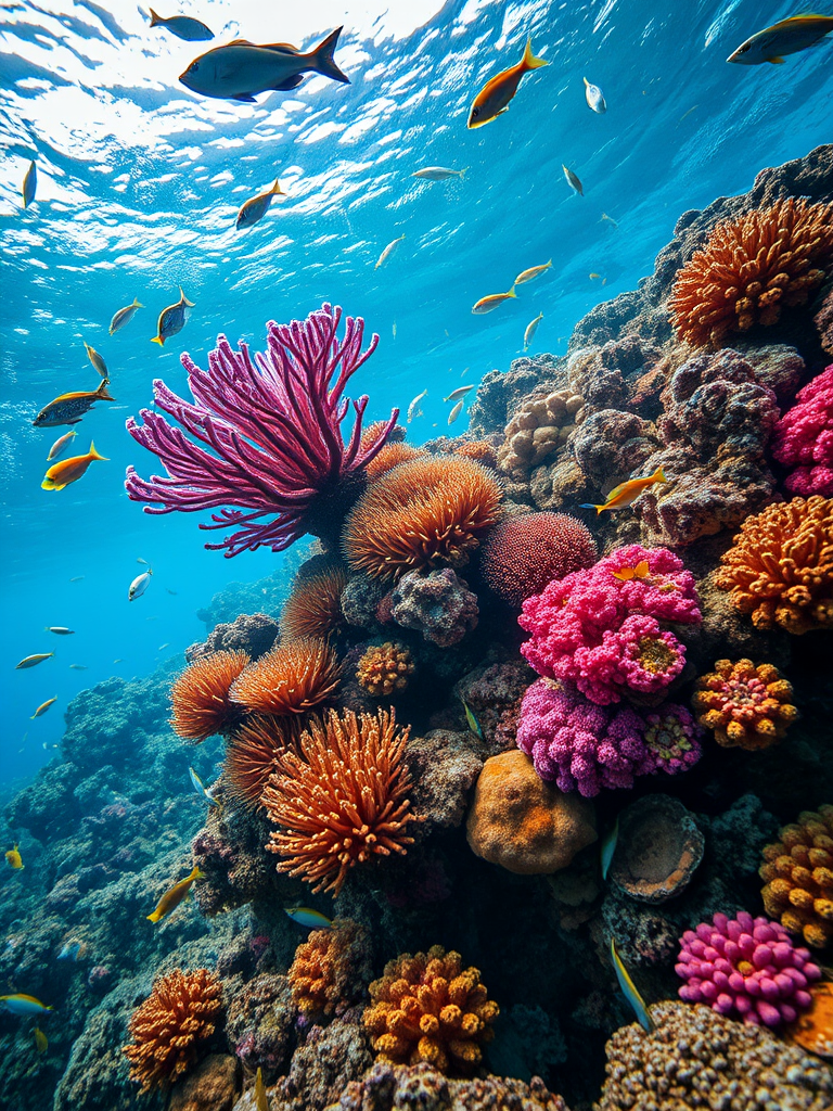 Underwater scene with vibrant coral reefs and diverse fish species, capture at 24mm focal length, f/11 aperture, ISO 200, using a full-frame DSLR with macro settings for enhanced detail and clarity in low light conditions.