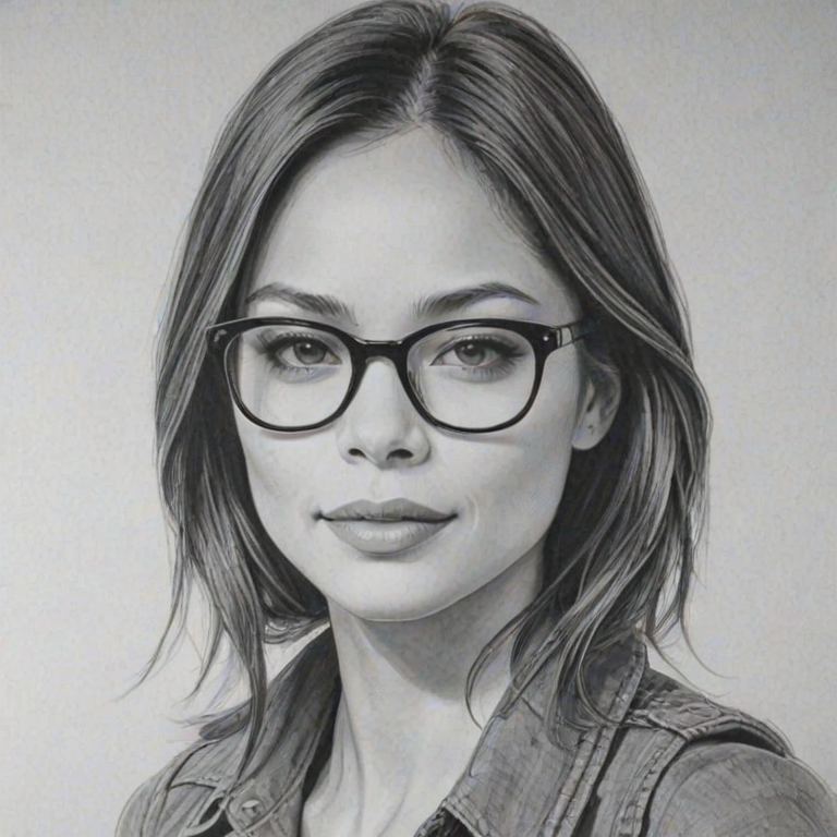 Beauteous Kristin Kreuk, pencil sketch, portrait of Dazzling woman 1923s in glasses, hair style beatnik, outline, clear lines, fine lines, 8k