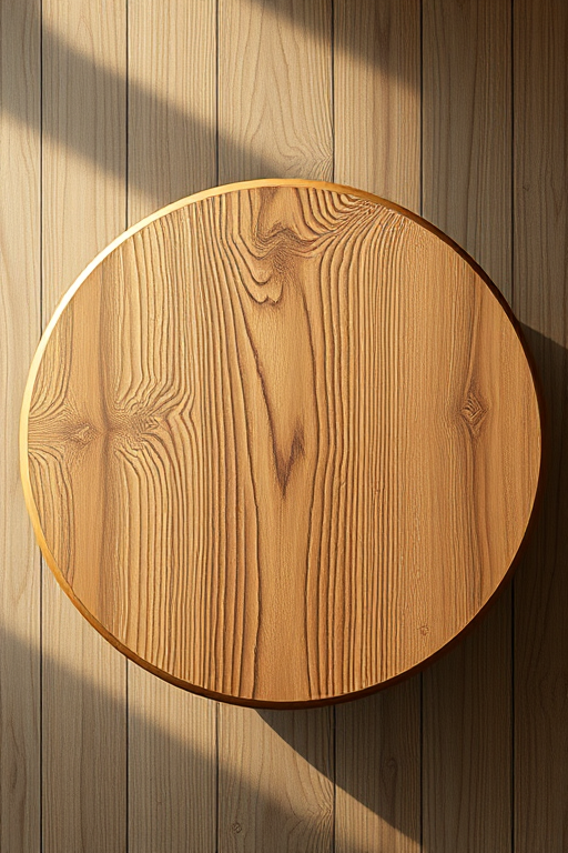 regenerate an illustration of a round wooden table with textured surface and detailed edges, using a high-resolution camera with an aperture of f/2.8, ISO 200, and a shutter speed of 1/125s, from a top-down view, in a minimalist style with natural lighting