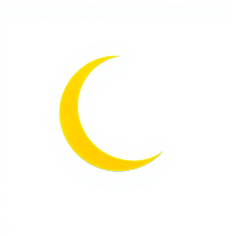Create an image of a yellow crescent moon with a blue outline on a clean white background, using a DSLR camera with a 50mm lens, aperture f/2.8, ISO 100, shot at eye level for sharp focus and vibrant color contrast.