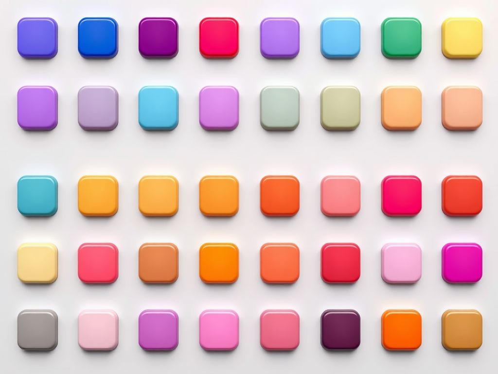 Create an image of a grid of 20 glossy gradient buttons in various colors, arranged in four rows and five columns, with a soft shadow effect and a glossy finish, using a Canon EOS 5D Mark IV camera, f/2.8 aperture, 1/60s shutter speed, ISO 100, in a studio setting with diffused lighting.