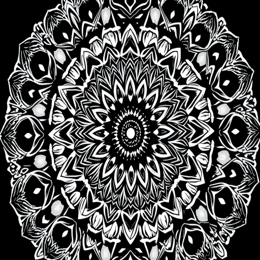 Create an intricate mandala design with high contrast, using a Canon EOS R5 camera at f/8 aperture, ISO 100, 1/125 sec shutter speed, with a 50mm lens in a top-down view for a clean background.