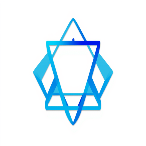 Generate a high-resolution image of an abstract geometric logo featuring interconnected triangular shapes in shades of blue with a clean white background, captured using a DSLR camera at f/11, ISO 100, 50mm lens, in a top-down view with soft diffused lighting.