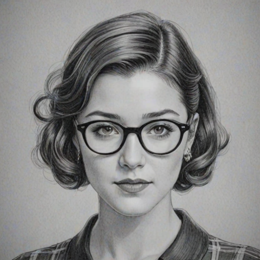 Charming Mary Elizabeth Winstead, pencil sketch, portrait of Enchanting woman 1930s in glasses, hair style beatnik, outline, clear lines, fine lines, 8k