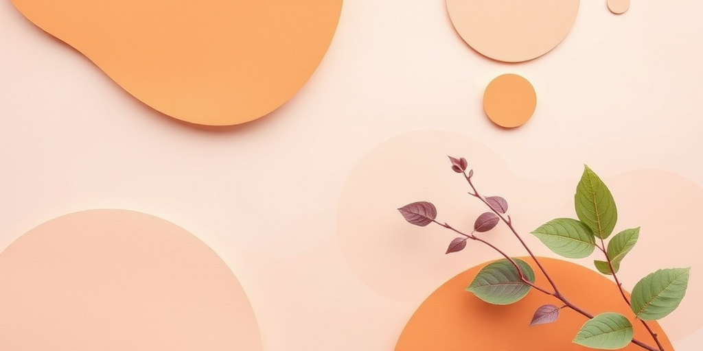 create an abstract background featuring soft pastel shapes in peach and orange tones with delicate leaves in green and purple, shot with a Canon EOS R5 at f/8, ISO 100, 24mm lens, soft focus, high dynamic range, overhead view