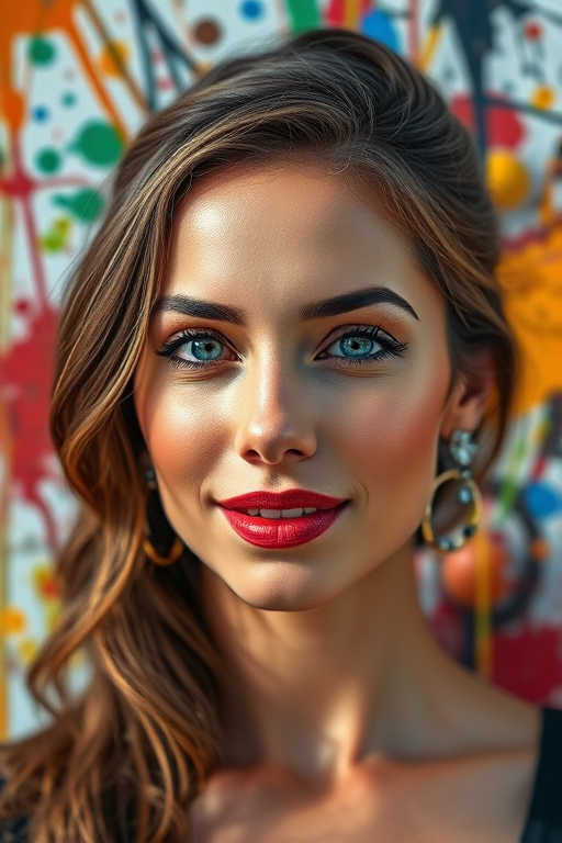 Create a vibrant portrait of a woman with a colorful, abstract background made of paint splashes and layered textures, using a 50mm lens, f/1.8 aperture, ISO 100, with a shallow depth of field, captured from a slightly elevated angle in natural light for enhanced detail and contrast.