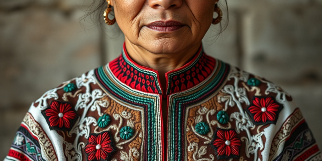Face, shoulders, chest covered in openwork Hmong embroidery. Raw, unedited image.
