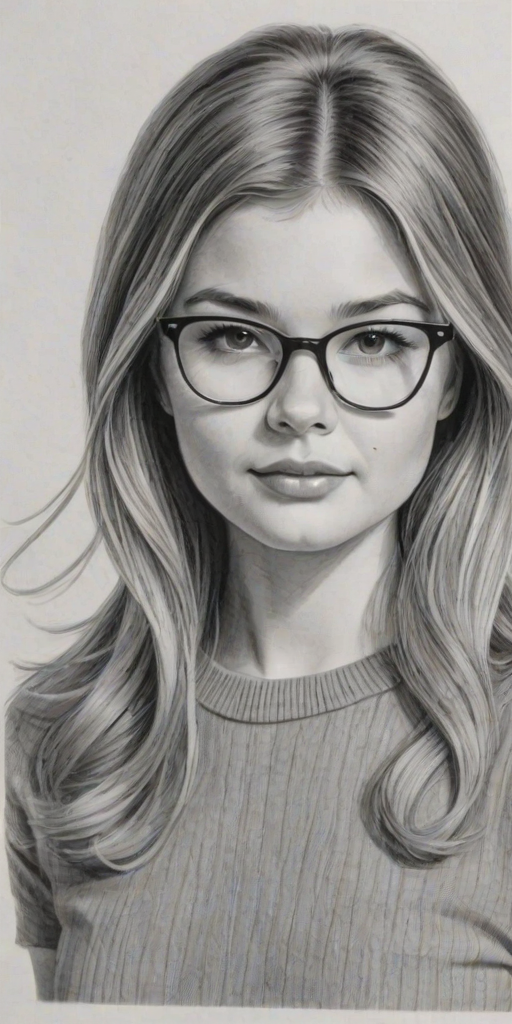 Beauteous Stefanie Scott, pencil sketch, portrait of Charming woman 1960s in glasses, hair style beatnik, outline, clear lines, fine lines, 8k