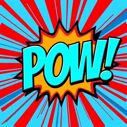 Create a vibrant comic-style explosion graphic featuring the word "POW!" in bold, turquoise letters set against a red and blue starburst background, using a high-resolution digital camera, 50mm lens, f/2.8 aperture, and vibrant color saturation to enhance clarity and impact.